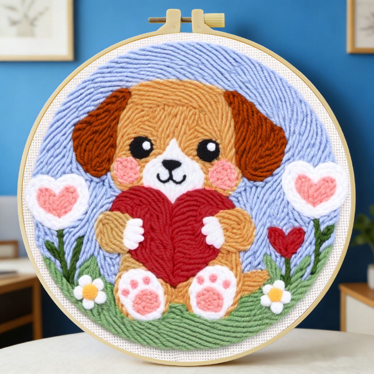 Sewing Textile Art - 20X20CM/7.87인치 강아지 펀치 니들 자수 세트